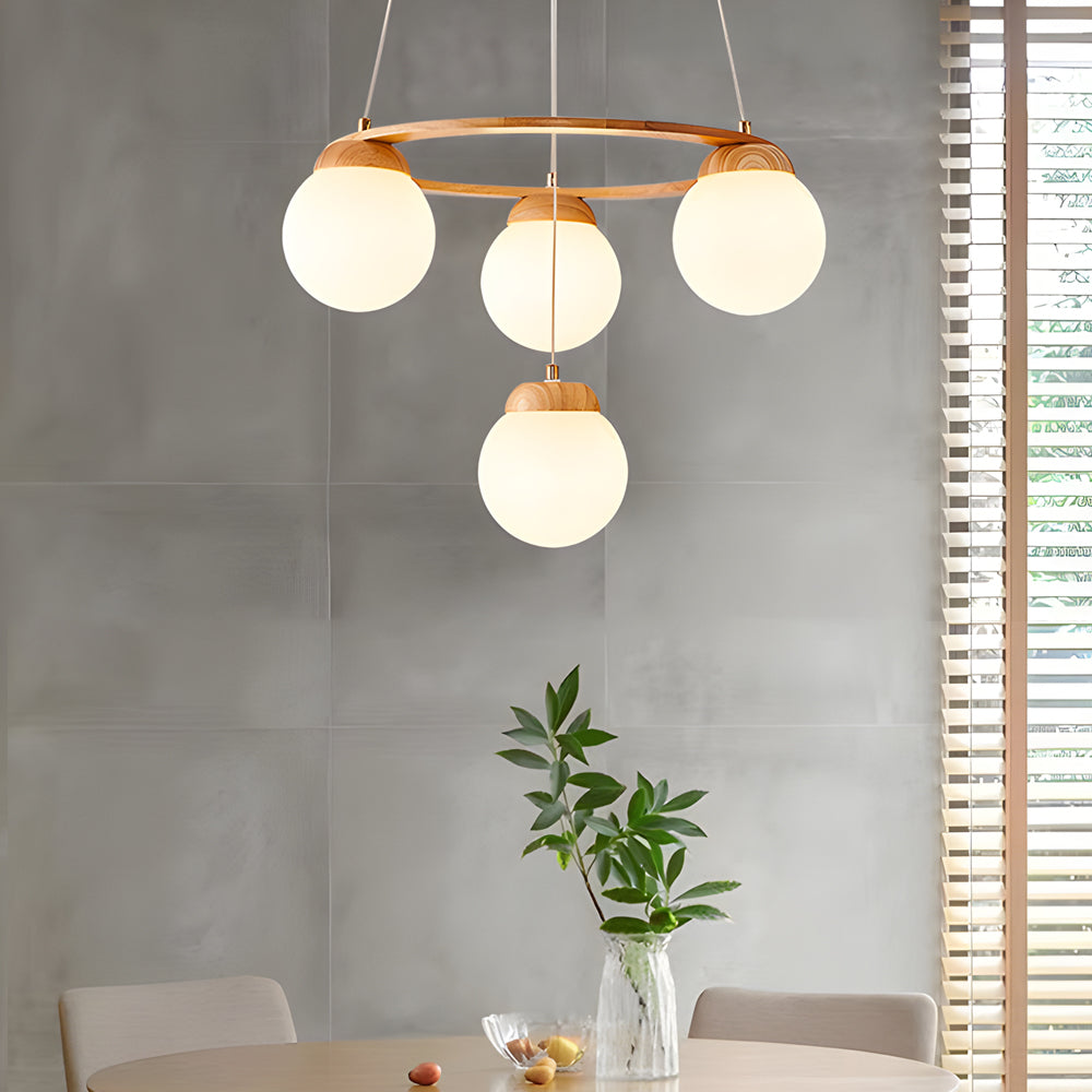 Wooden Chandelier with Glass Balls and 3-Stage Dimming Function – Modern Pendant Light for Dining Room and Living Room