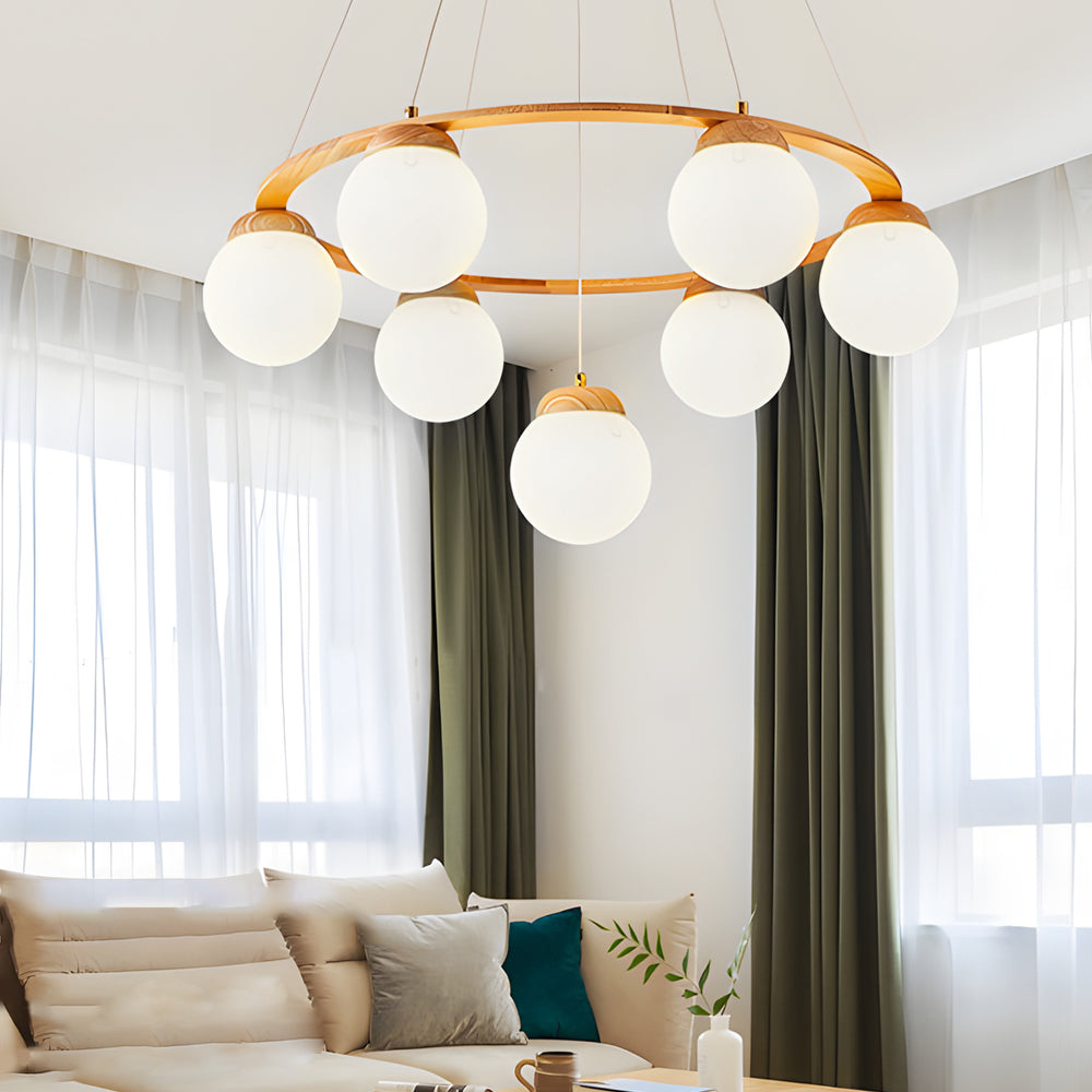 Wooden Chandelier with Glass Balls and 3-Stage Dimming Function – Modern Pendant Light for Dining Room and Living Room