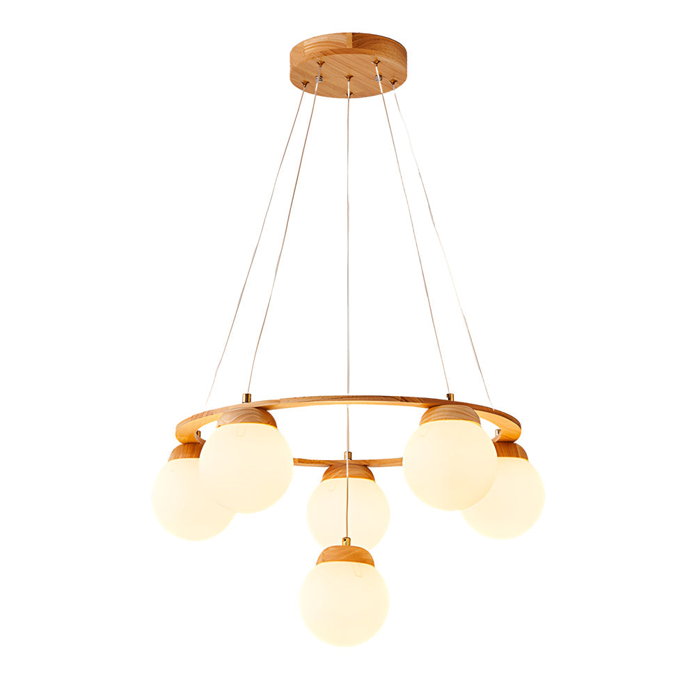 Wooden Chandelier with Glass Balls and 3-Stage Dimming Function – Modern Pendant Light for Dining Room and Living Room