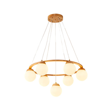Wooden Chandelier with Glass Balls and 3-Stage Dimming Function – Modern Pendant Light for Dining Room and Living Room