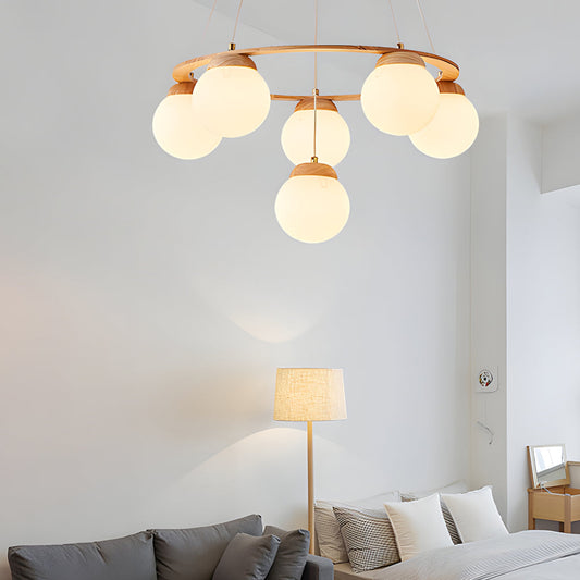 Wooden Chandelier with Glass Balls and 3-Stage Dimming Function – Modern Pendant Light for Dining Room and Living Room