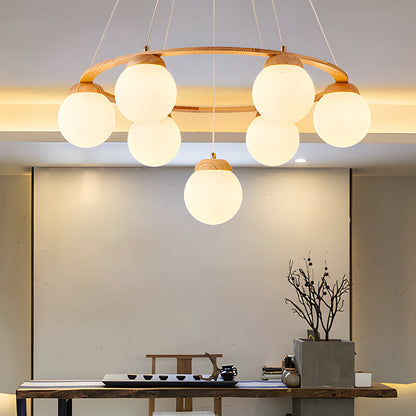 Wooden Chandelier with Glass Balls and 3-Stage Dimming Function – Modern Pendant Light for Dining Room and Living Room
