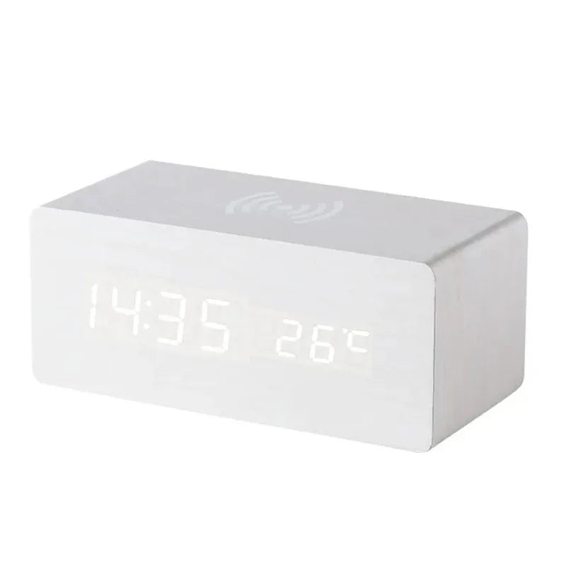 Minimalist LED Wooden Alarm Clock with Temperature Display, Wireless Charging Function, and Digital Time Display – Ideal for Bedroom and Office