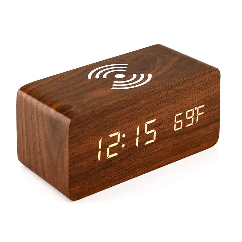 Minimalist LED Wooden Alarm Clock with Temperature Display, Wireless Charging Function, and Digital Time Display – Ideal for Bedroom and Office