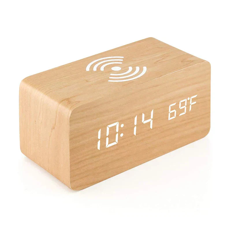 Minimalist LED Wooden Alarm Clock with Temperature Display, Wireless Charging Function, and Digital Time Display – Ideal for Bedroom and Office