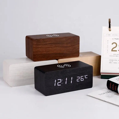 Minimalist LED Wooden Alarm Clock with Temperature Display, Wireless Charging Function, and Digital Time Display – Ideal for Bedroom and Office