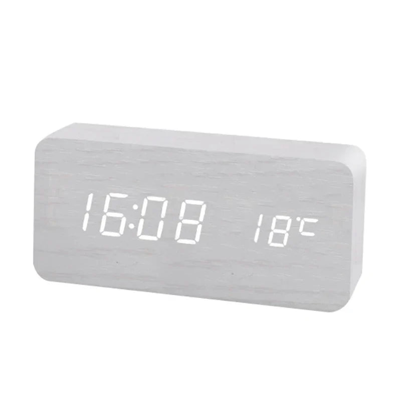 Minimalist LED Wooden Alarm Clock with Temperature Display, Wireless Charging Function, and Digital Time Display – Ideal for Bedroom and Office