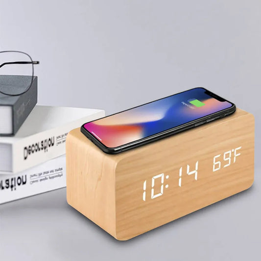 Minimalist LED Wooden Alarm Clock with Temperature Display, Wireless Charging Function, and Digital Time Display – Ideal for Bedroom and Office